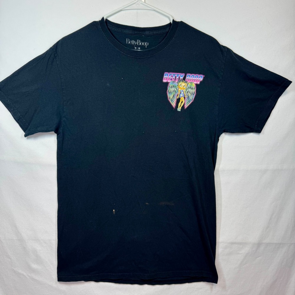 Betty Boop Graphic T-Shirt Angel Wings Cartoon Black Tee Sz Medium Paint‎ Spots